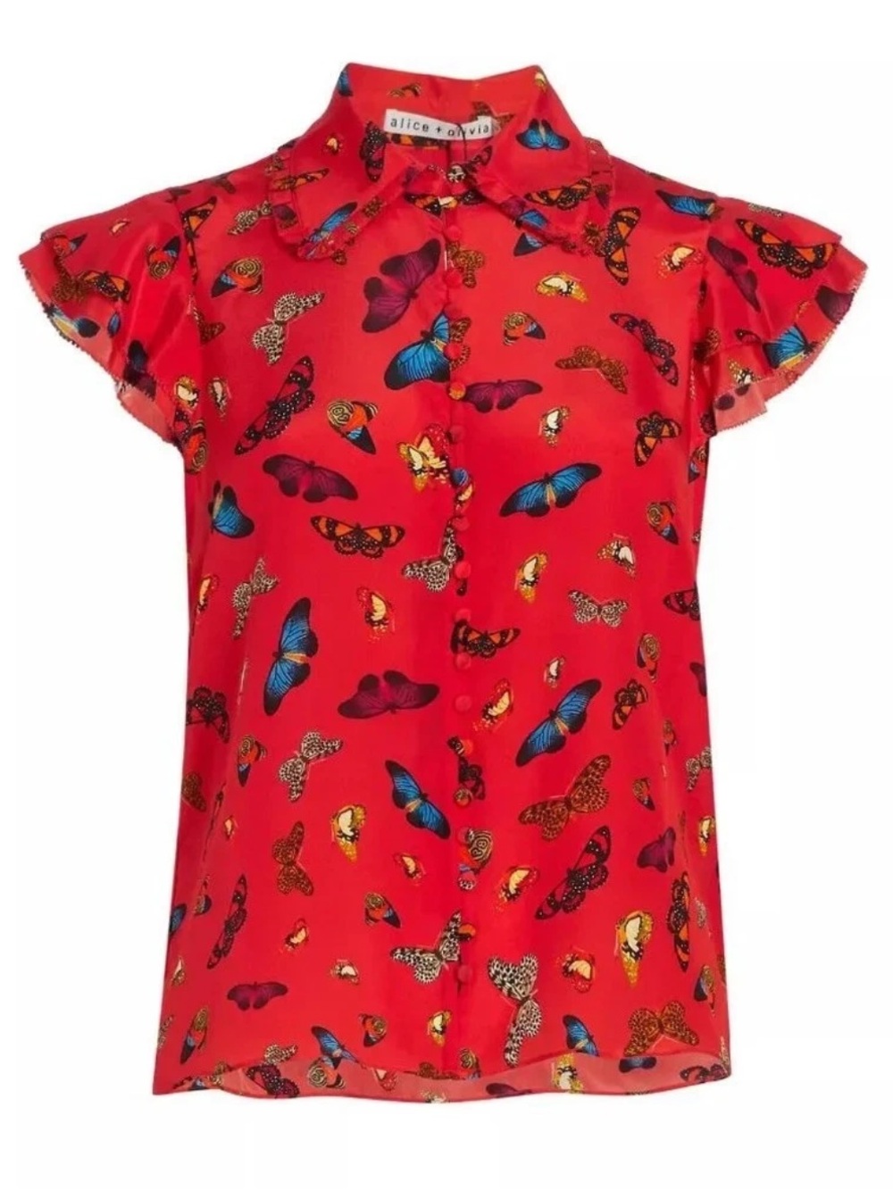 Alice + Olivia Martel Butterfly 100% Silk Shirt Blouse Ruffle Red Bug Size XS